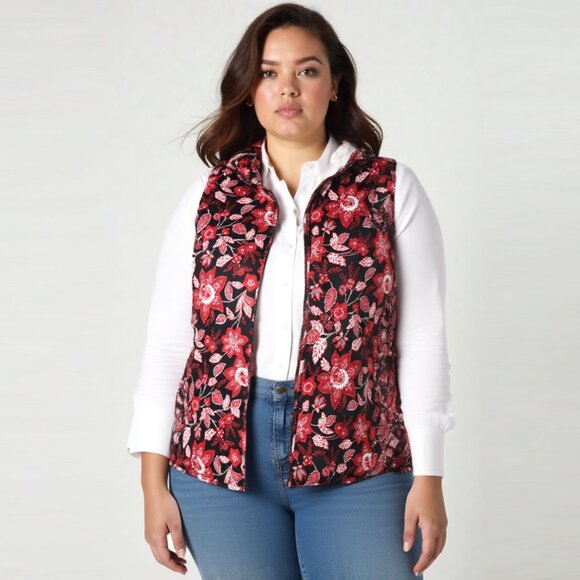 Northern Reflections Quilted Vest Lightweight Floral Red Black Full Zip Casual - Picture 1 of 7
